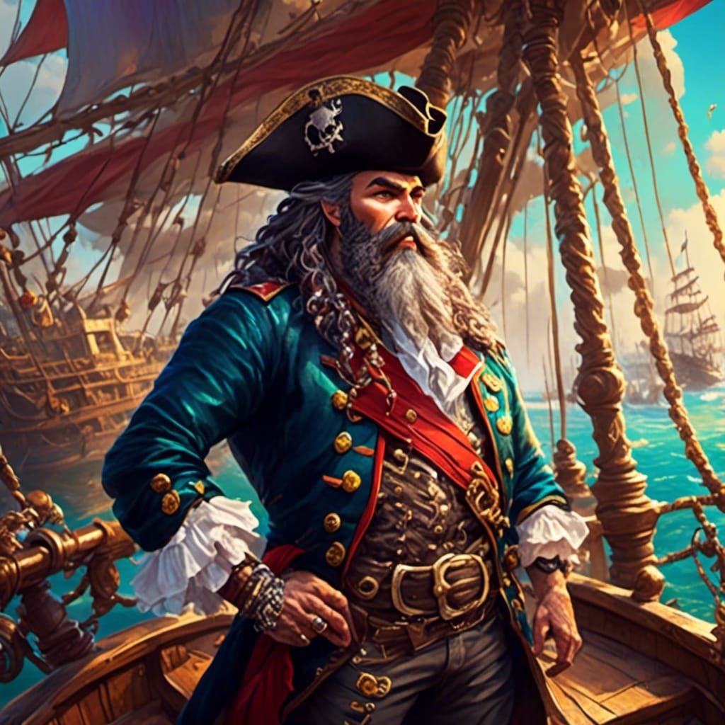 Pirate Captain on Deck in Tropical Port