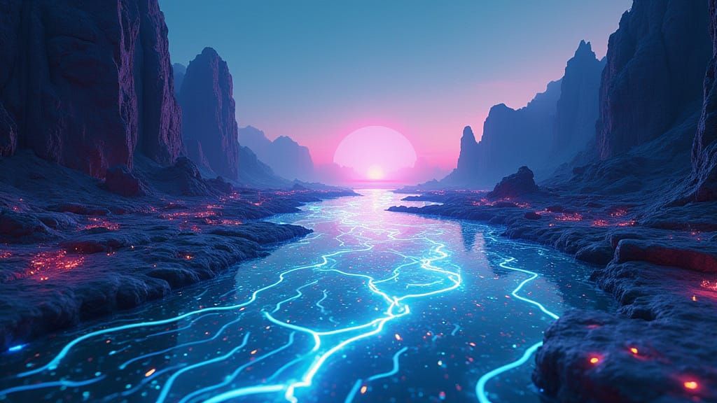 Digital River of Code Flows to Futuristic Horizon