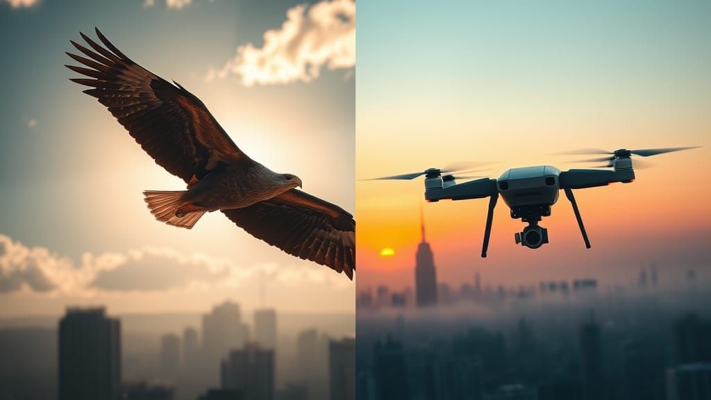 Eagle Soars Above Drone in Contrasting Sky Photo-Illustratio...