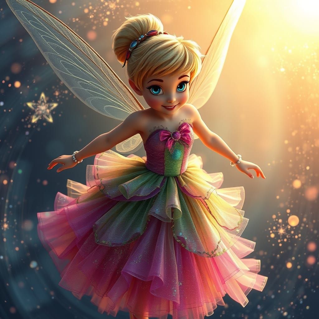 Tinker Bell Dancing in Whimsical, Layered Gown amidst Stardu...