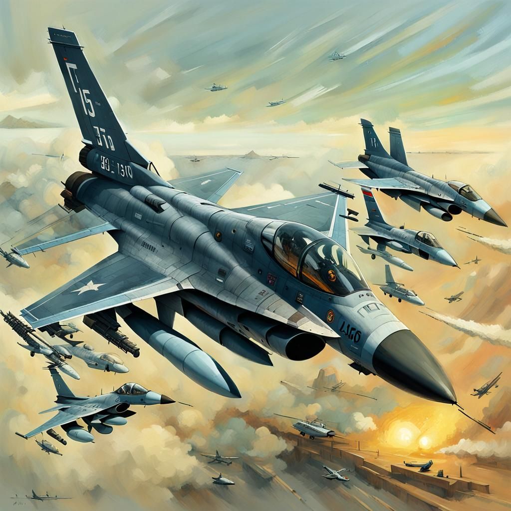 F-16 Jet in Flight: Retrofuturistic Sci-Fi Art