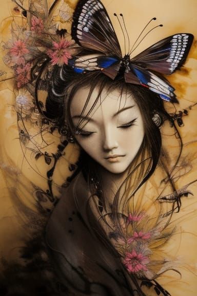 Geisha with Butterflies in Flowing Ink Style
