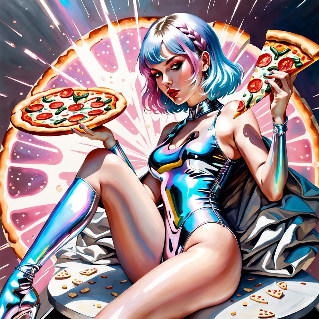 Cyborg Taylor Swift Eating Pizza in Spacecore Style
