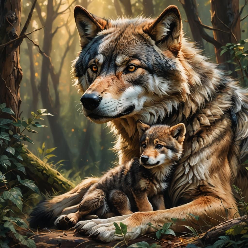 Mother Wolf Protecting Cub in Fantasy Realism