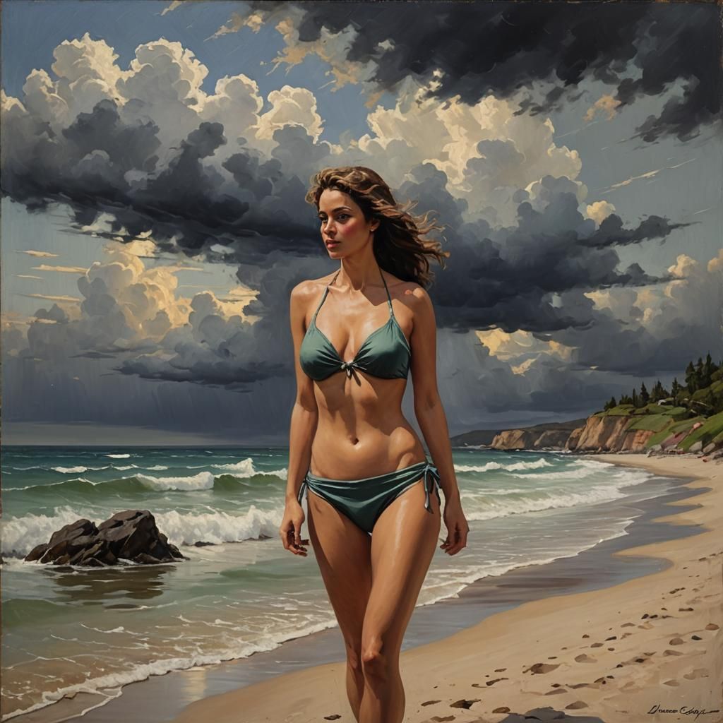 Voluptuous Woman in Bikini: James Gurney Oil Painting
