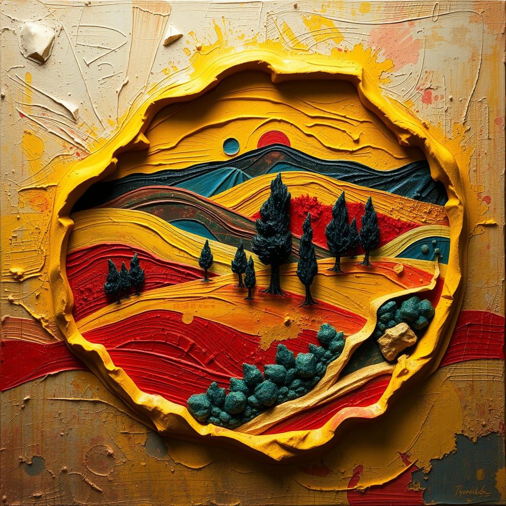 Expressive Landscape with Embossed Relief in Vibrant Colors