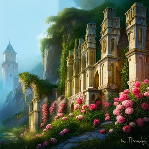 Rose-Covered Castle Ruins in Watercolor Style