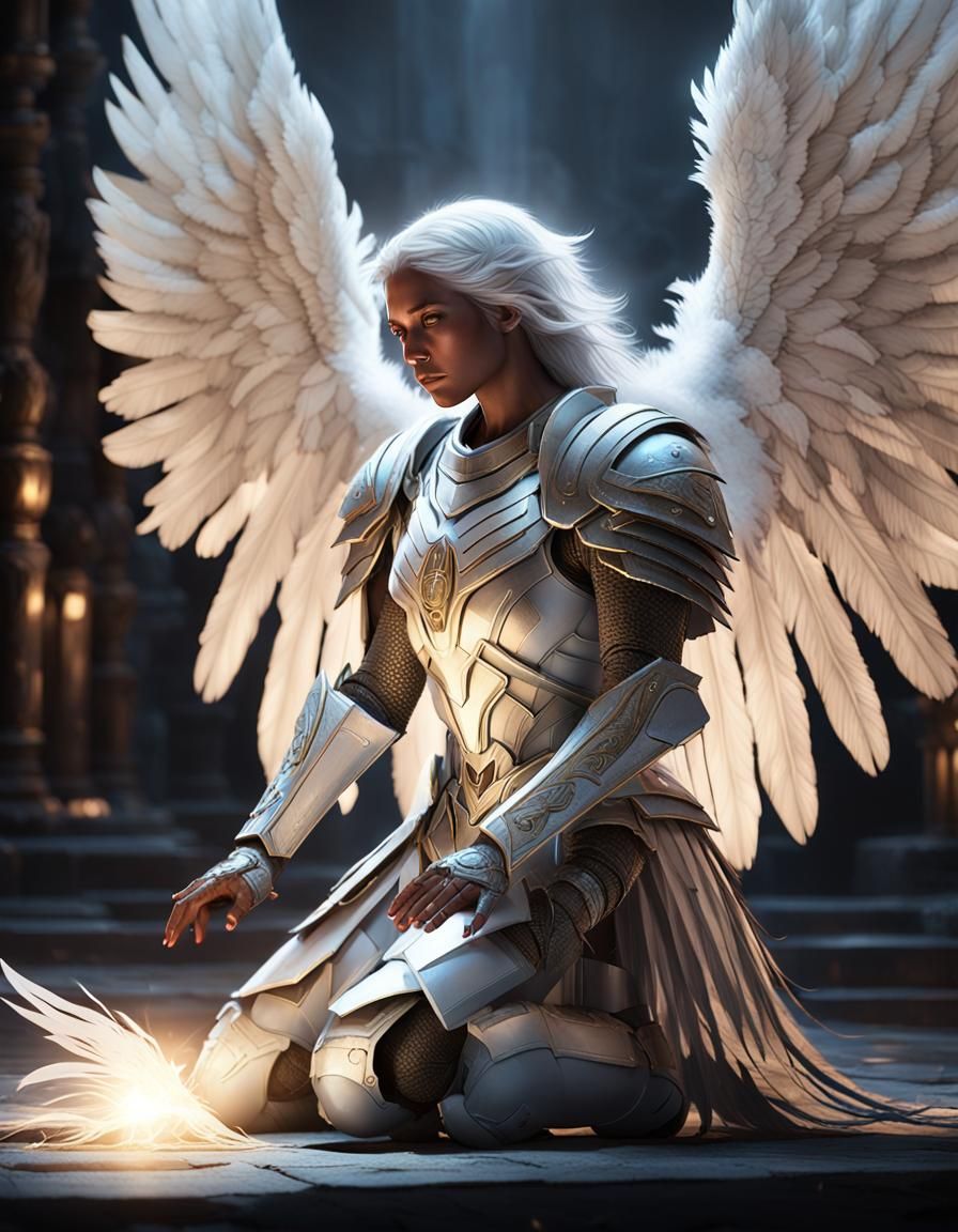 Archangel Kneeling in Light: A Dark Fantasy Concept
