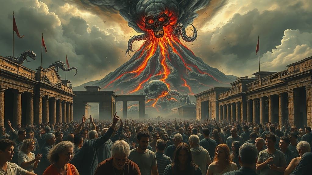 Pompeii Eruption with Bones in Beksiński Style