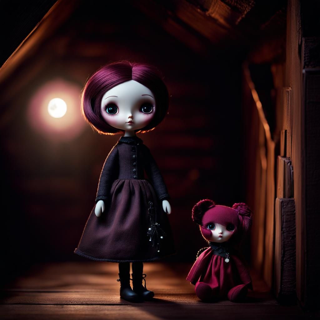 Gothic Punk Doll in Attic with Rag Doll