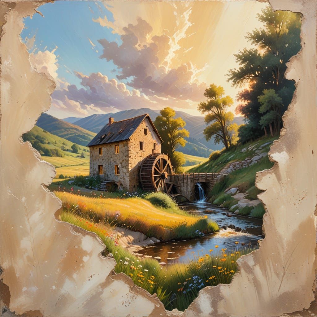 Idyllic Watermill Landscape in Impressionist Style
