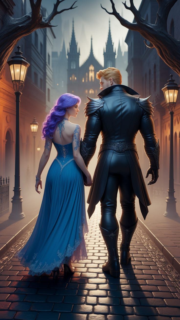 Purple-Haired Woman and Golden-Haired Man in Gothic City