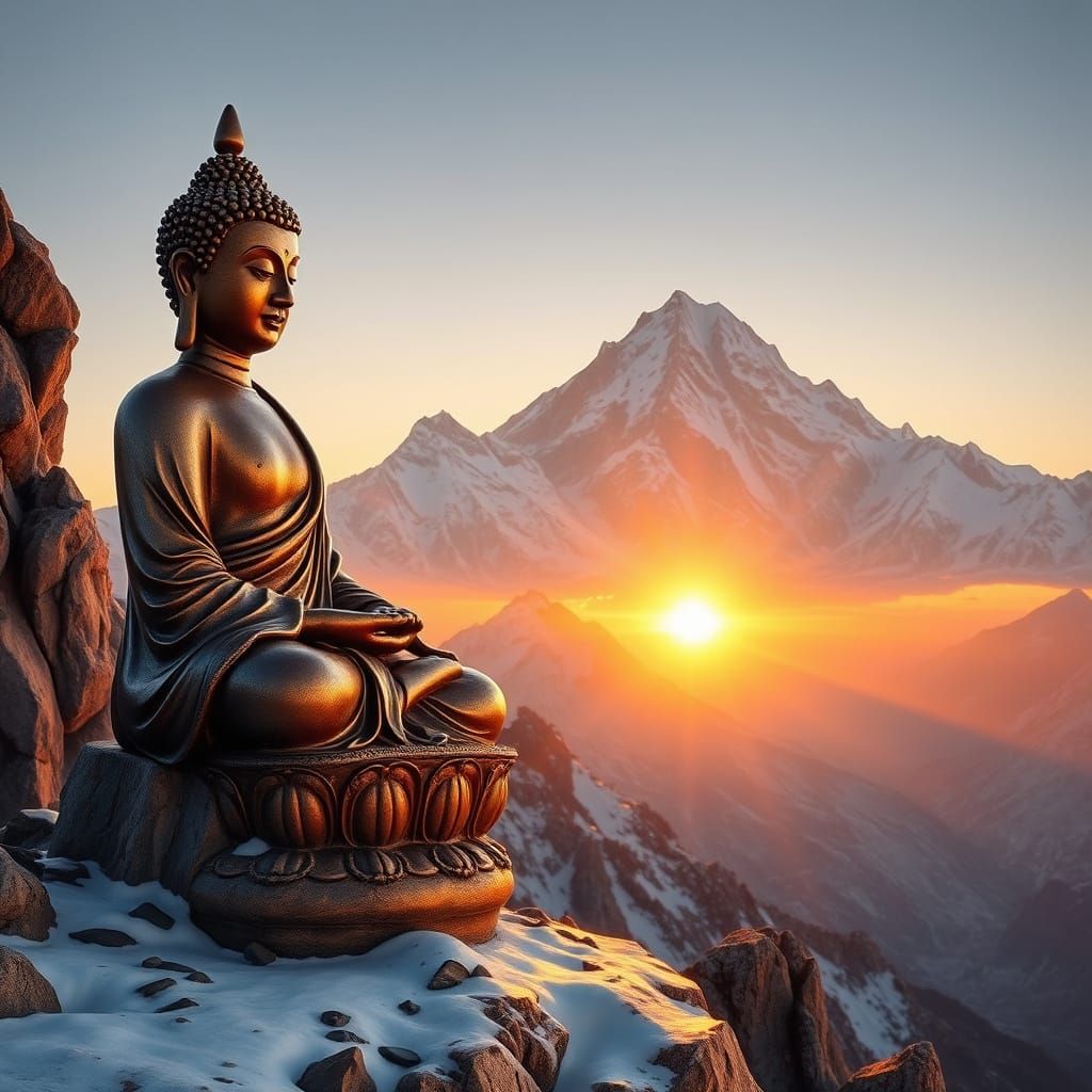 Buddha Contemplates Sunrise on Majestic Everest