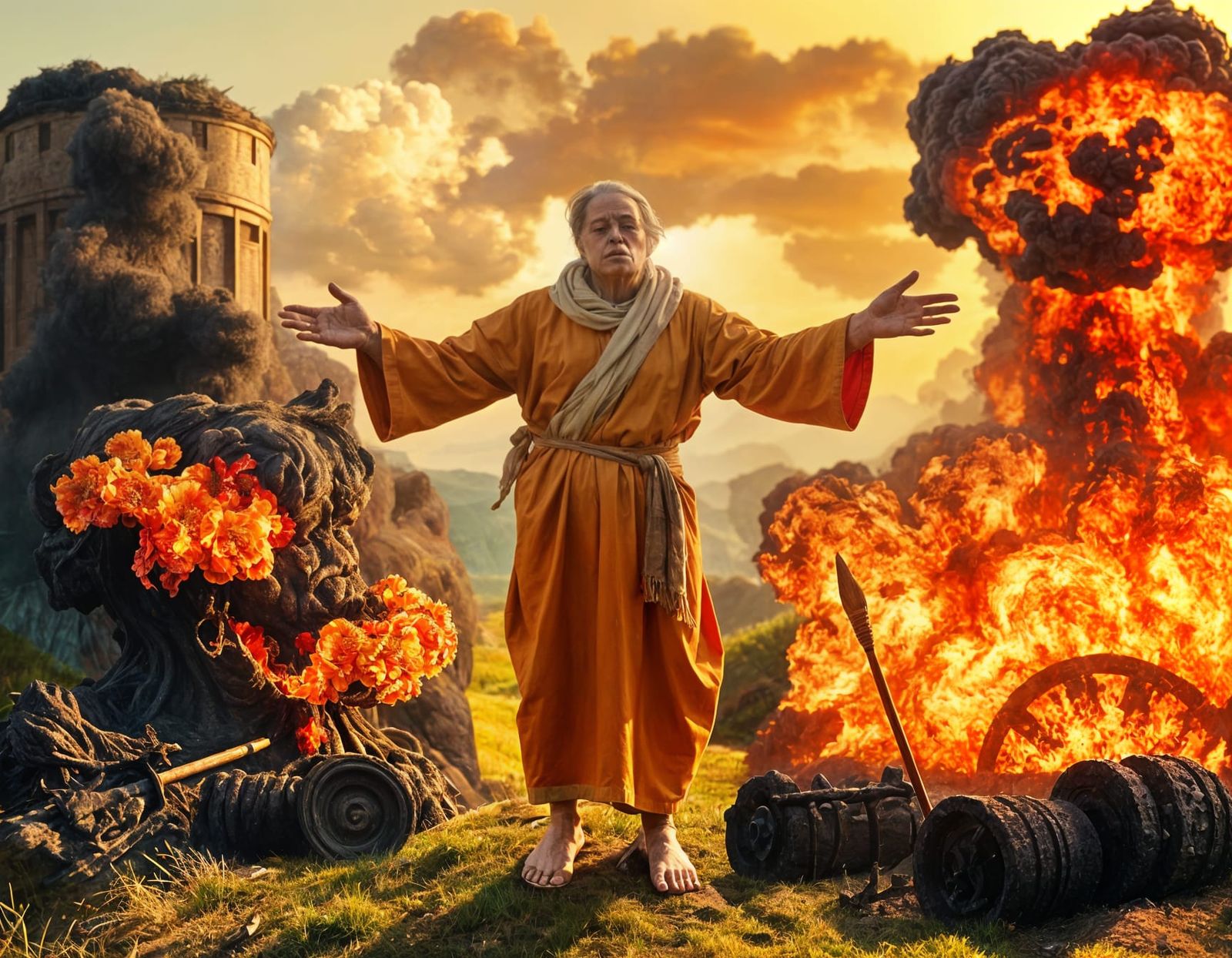 Whimsical Monk in Golden Light, Renaissance Gouache