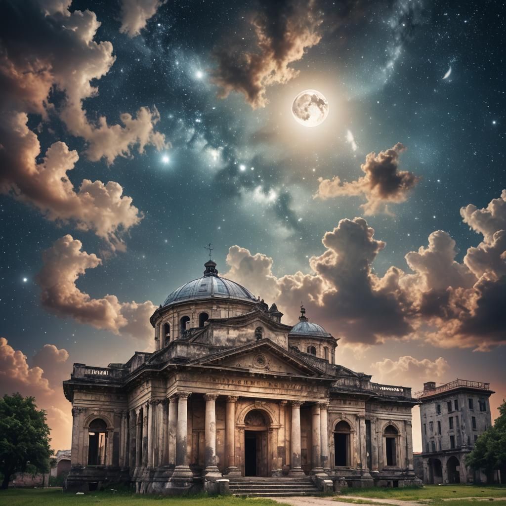 Old Building Under a Galaxy Moon