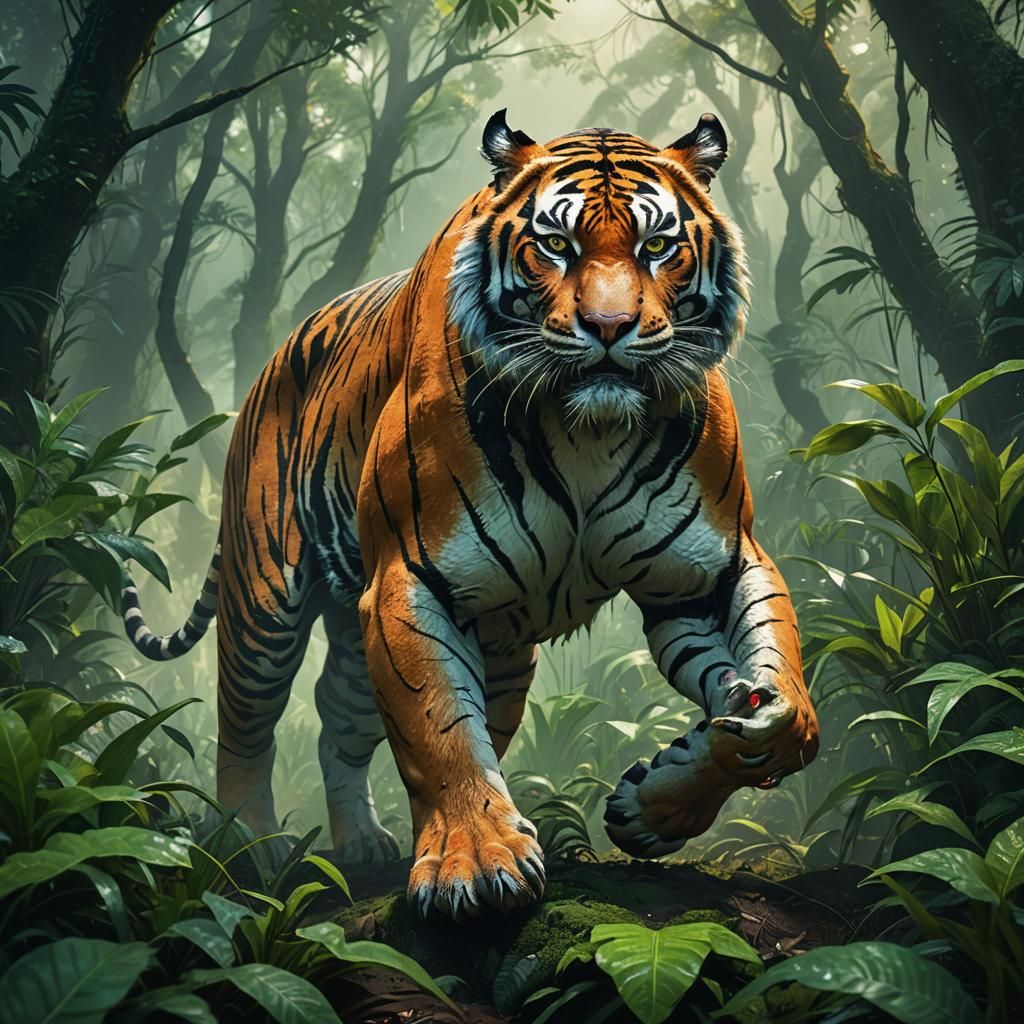 Tiger-Devil Hybrid Prowling in Jungle: Concept Art