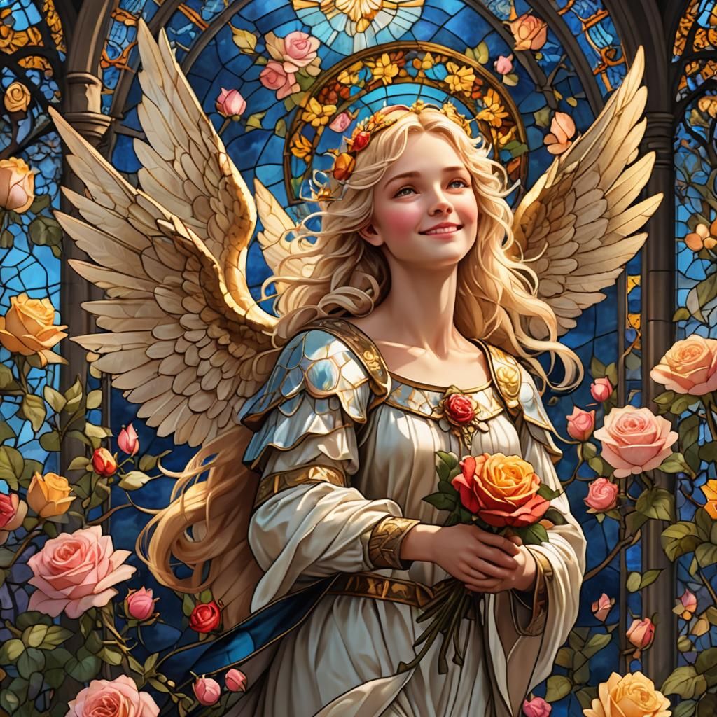Beautiful Blond Angel in Floral Heaven, Stained Glass