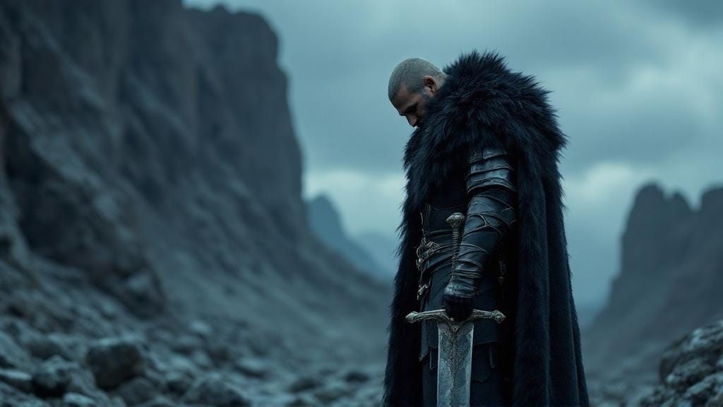 Solitary Medieval Warrior in Desolate Landscape