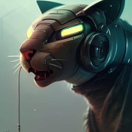 Hyperrealistic Retro-Futuristic Tabby Robot Cat Portrait