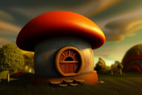 Flying Steampunk Mushroom House in Warm Colors