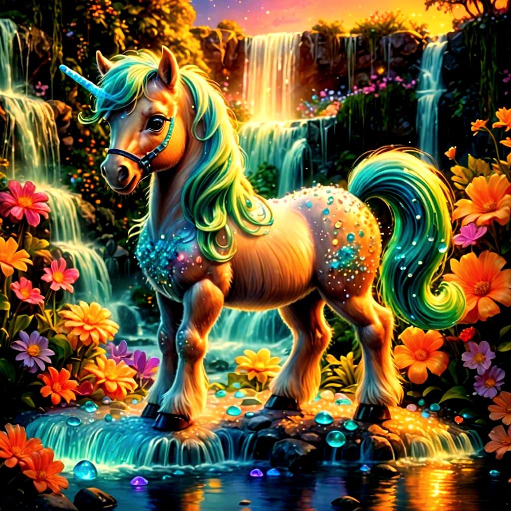 Chibi Pony in Bioluminescent Garden: Hyperrealistic Candy Ar...
