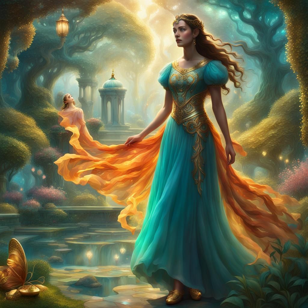 Vibrant Goddess of Art in Whimsical Lush Garden