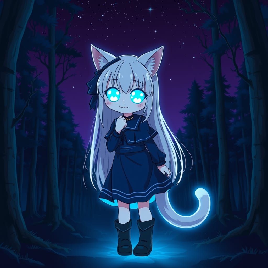 Adorable Neon Catgirl Illuminates Dark Forest in Synthwave S...