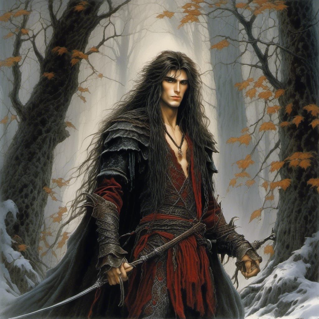 Fairytale Hero in Dark Forest as Crimson Sketch