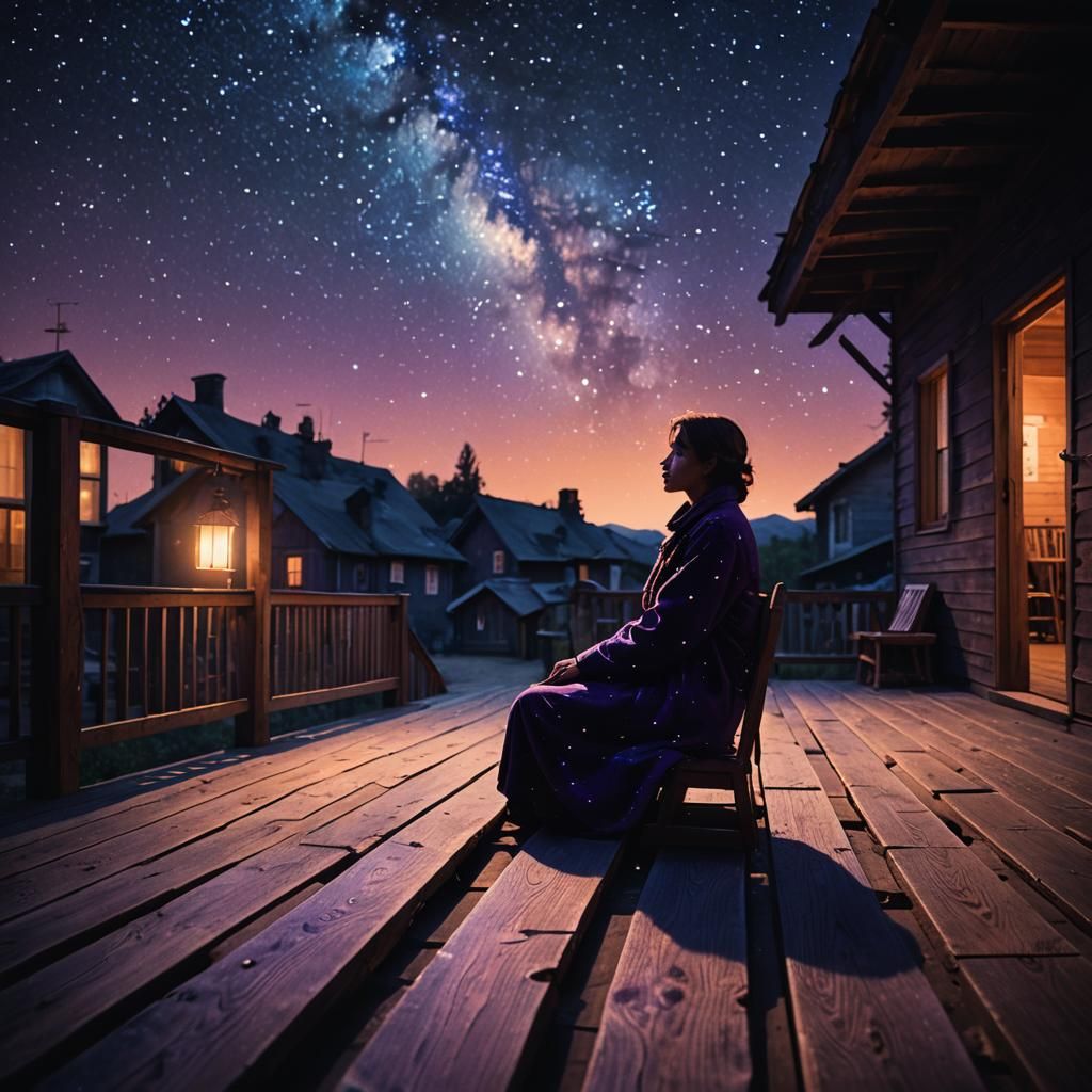 Mysterious Figure Amidst a Starry Night Sky in a Forgotten T...