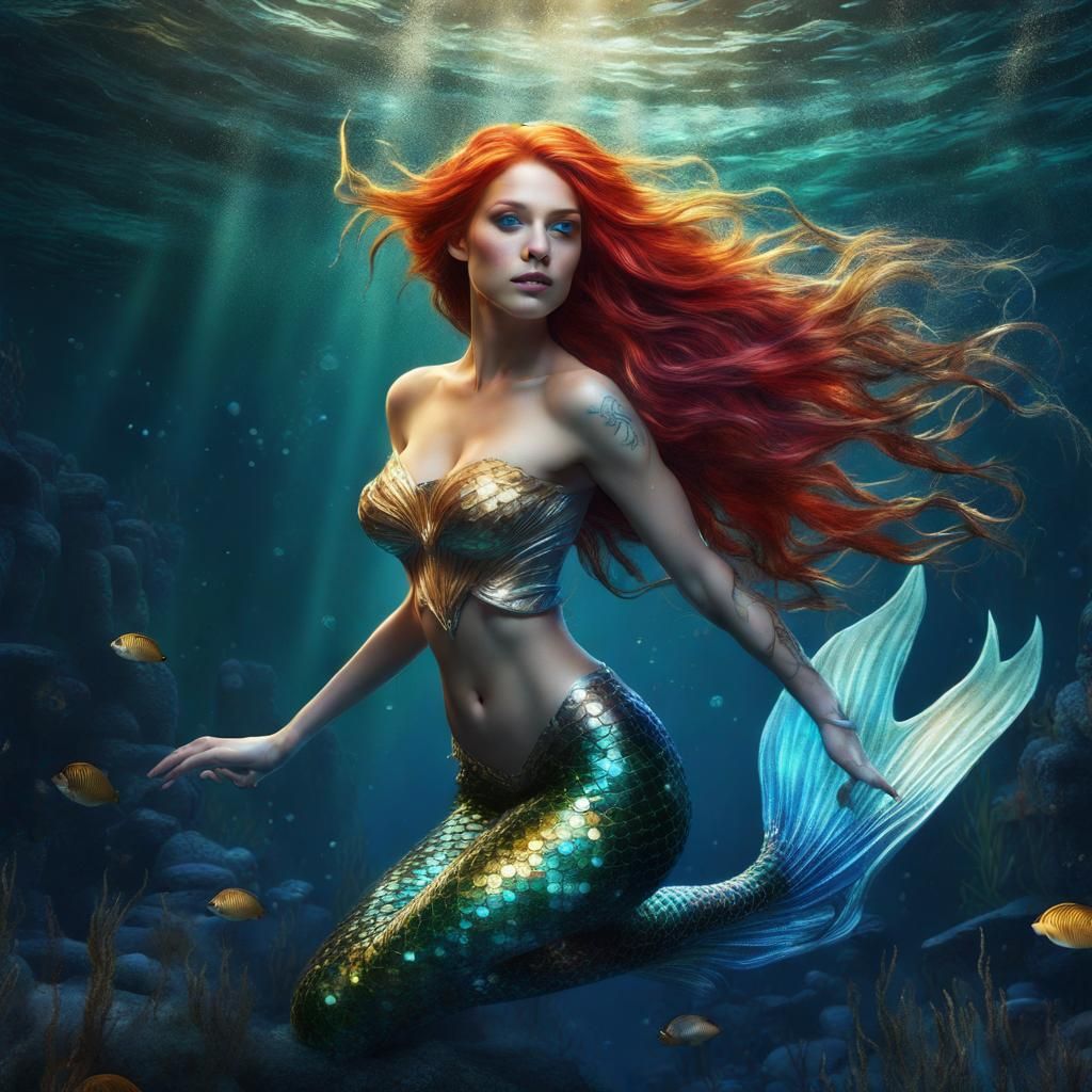 Colorful Mermaid in Deep Ocean: Fantasy Concept Art