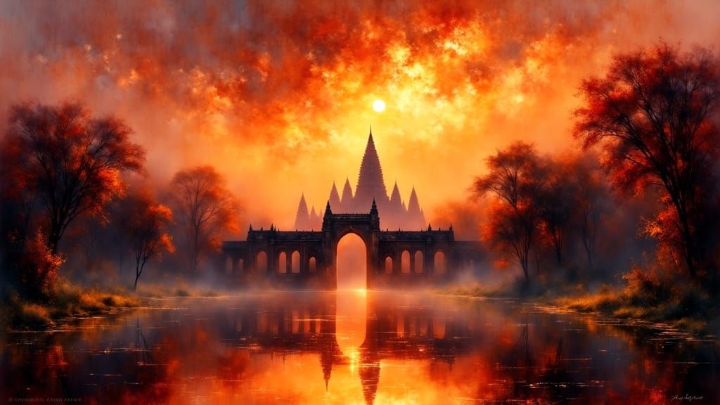 Khmer Temple Bridge Spans Jungle Valley in Red Evening Mist