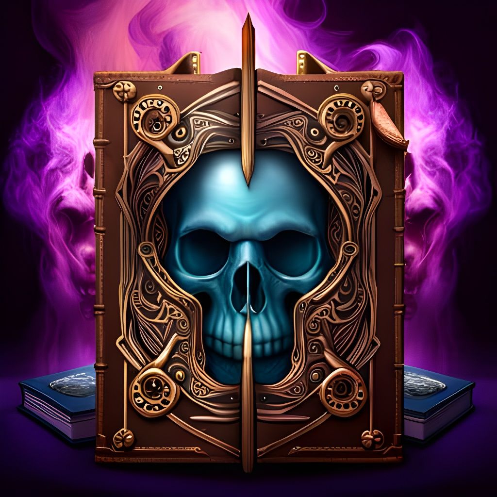 Ornate Magic Book with Skull in Purple Smoke