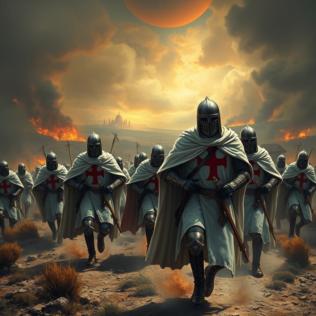 Knights Templar Charge Towards Jerusalem in Dramatic Lightin...