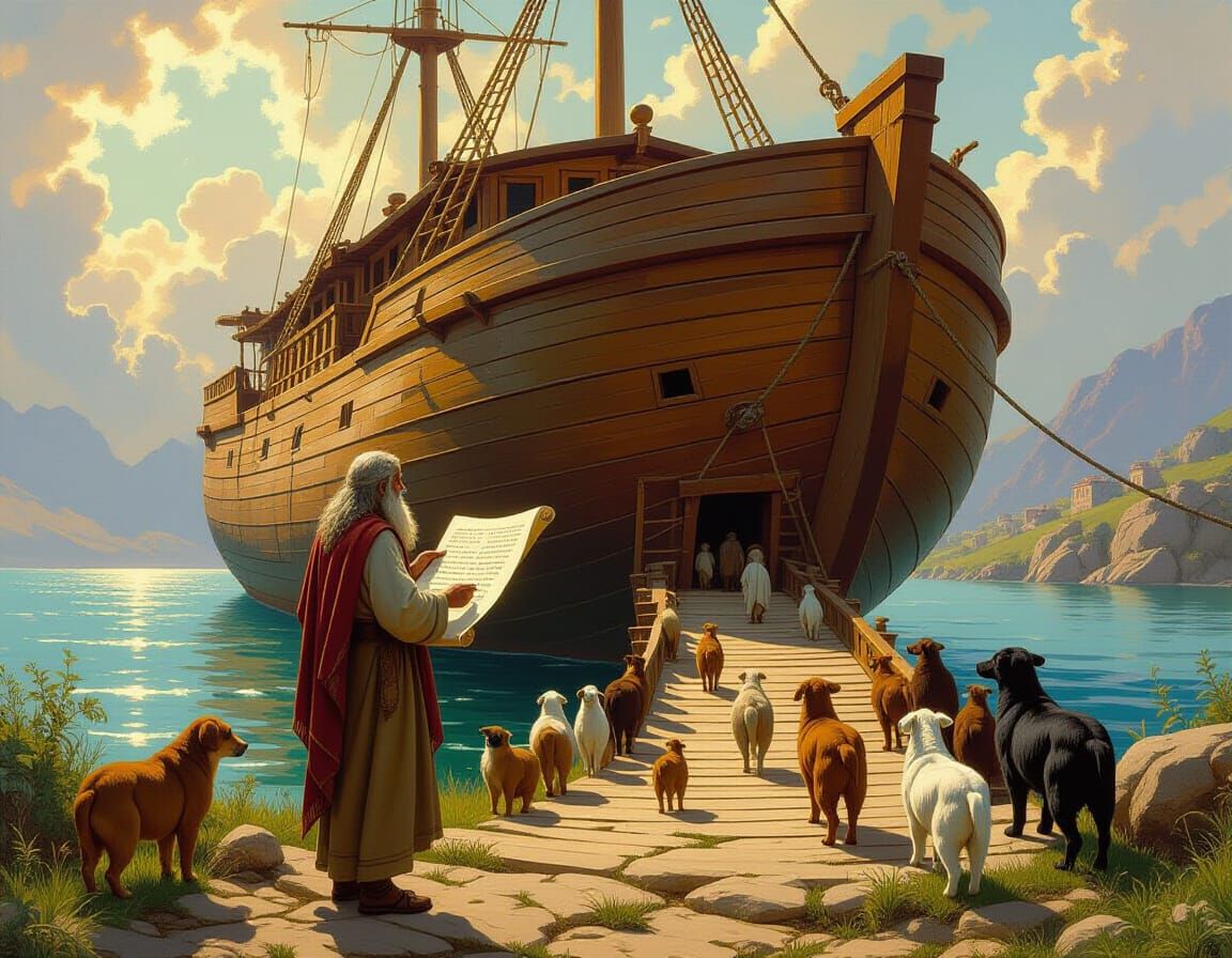 Noah's Ark Oil Painting with Animals and Scroll