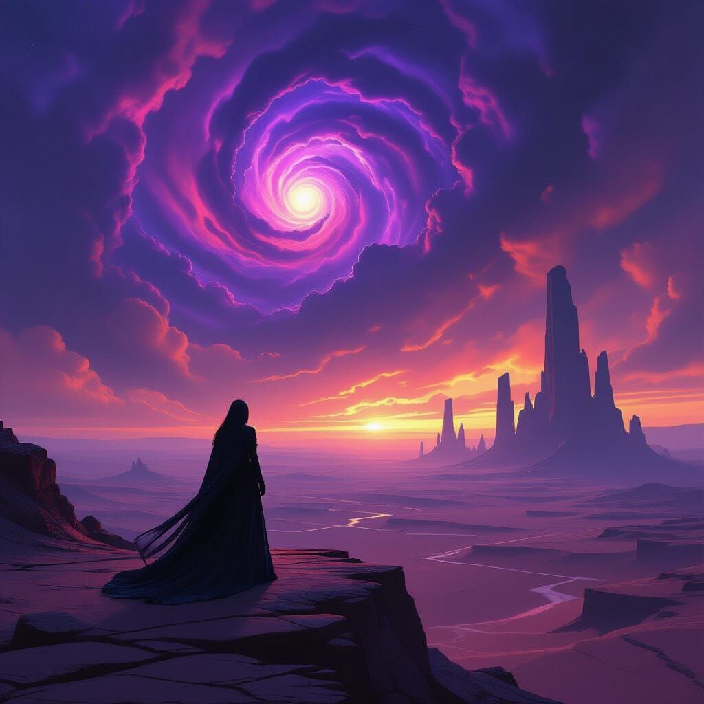 Figure in Avant-Garde Gown on Alien Precipice