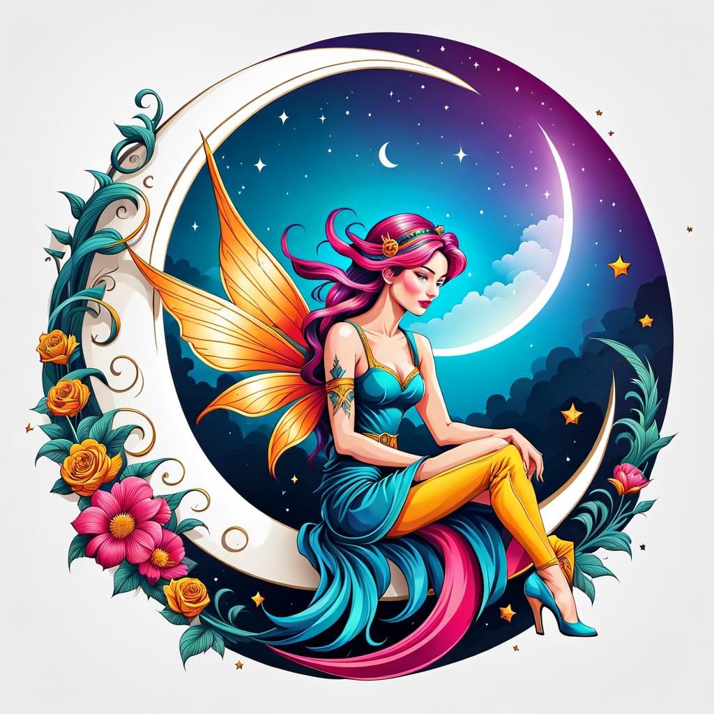 Cresnt Moon Fairy Tattoo Logo Design