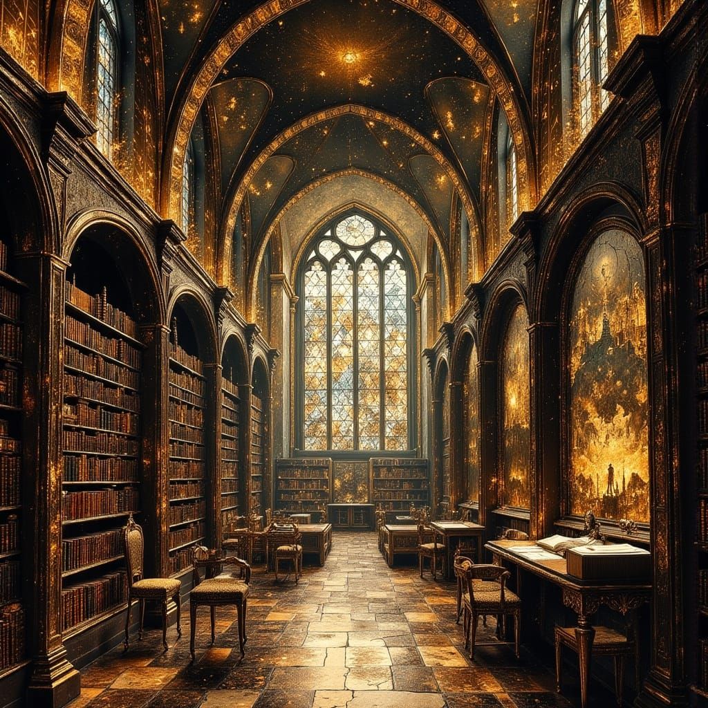 Renaissance Library with Mythical Stained Glass Windows