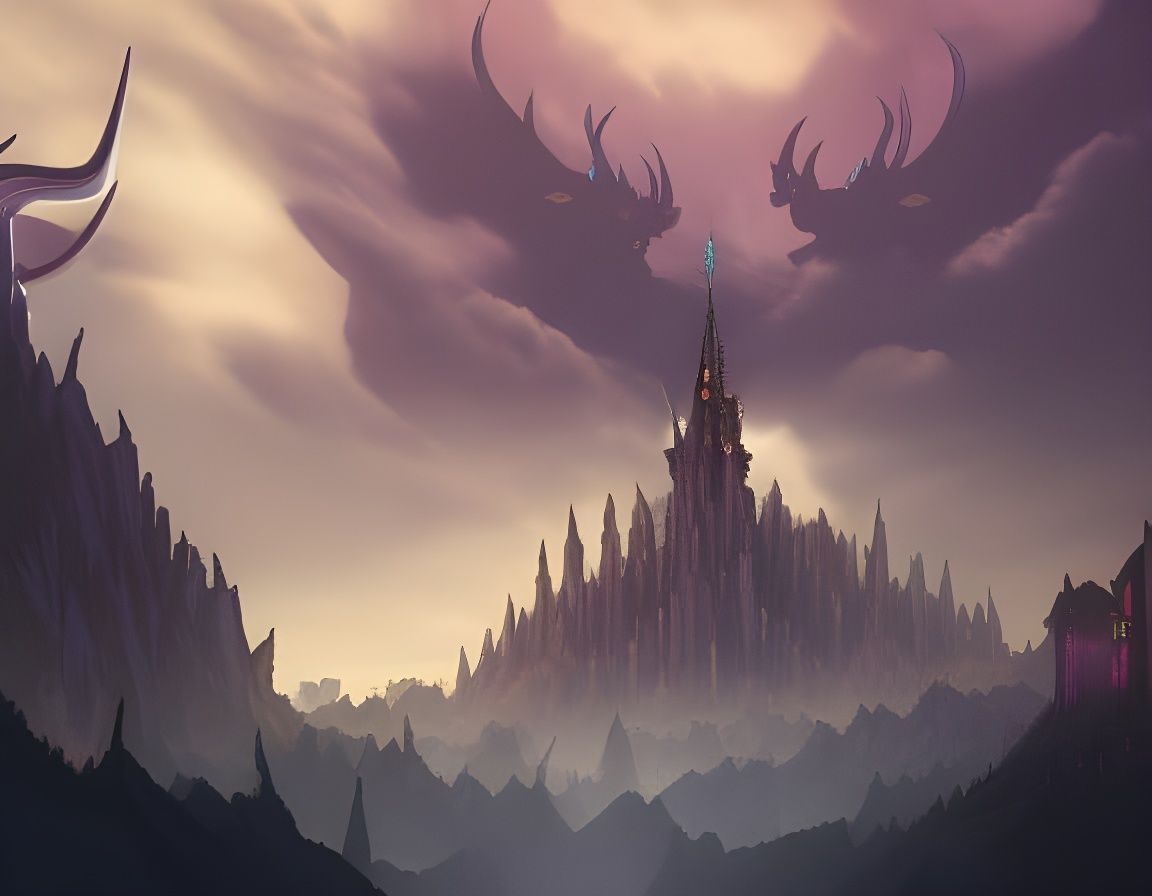 insanely detailed tall, spiky dark purple castle spire with ...