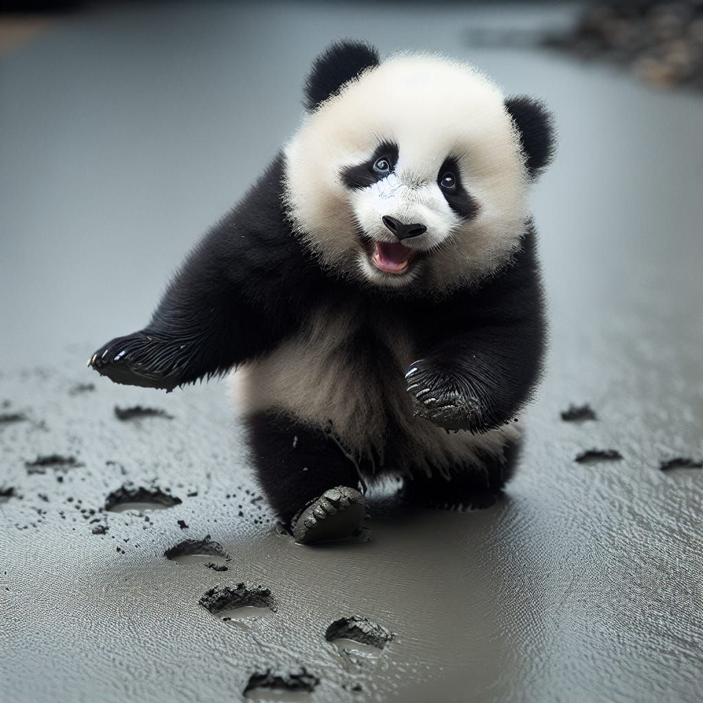 Joyful Panda's Playful Walk Through Wet Concrete