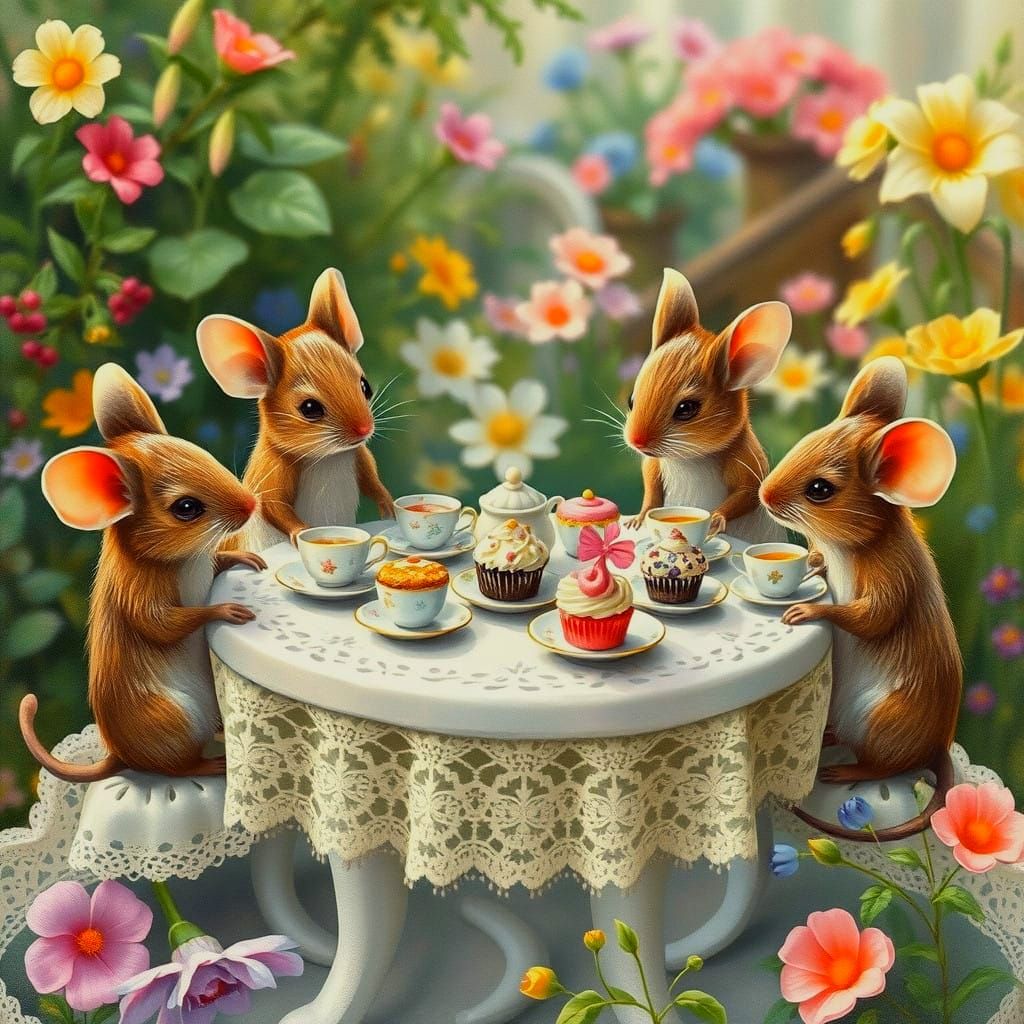 Whimsical Mice Enjoy Tea Party Delights