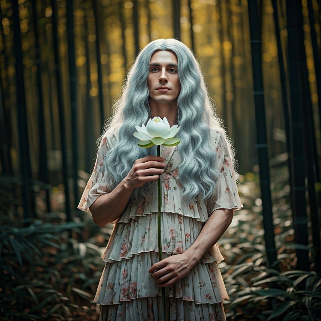 Man in Floral Dress in Bamboo Forest, Golden Light