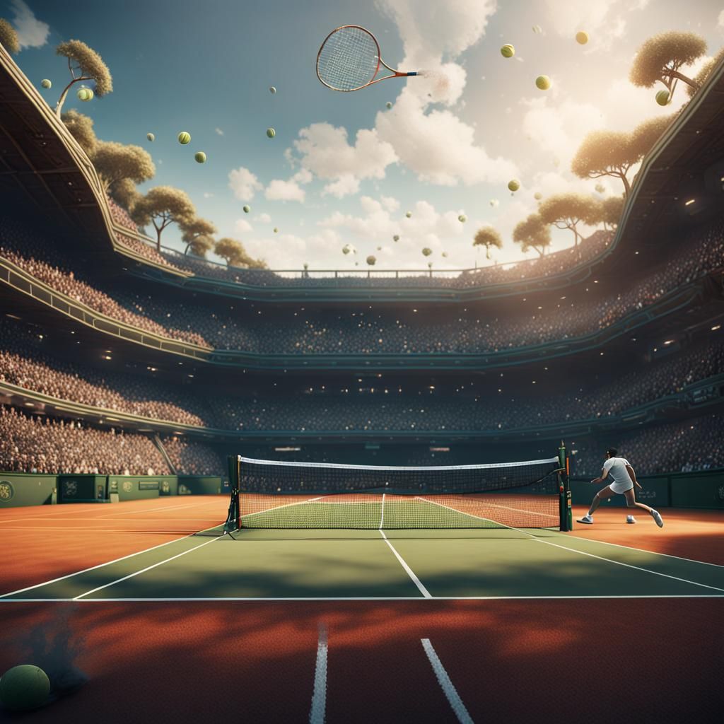 Detailed Tennis Scene in Fantasy Concept Art Style