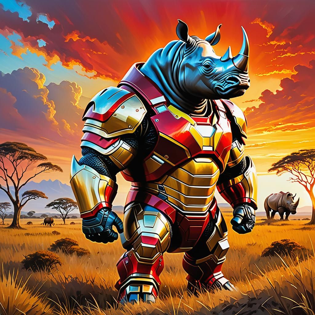 Heroic Armored Rhino in Savannah Sunset