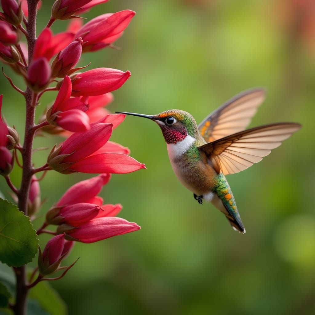 Hummingbird Hawk-Moth and Salvia Flower in Flight
