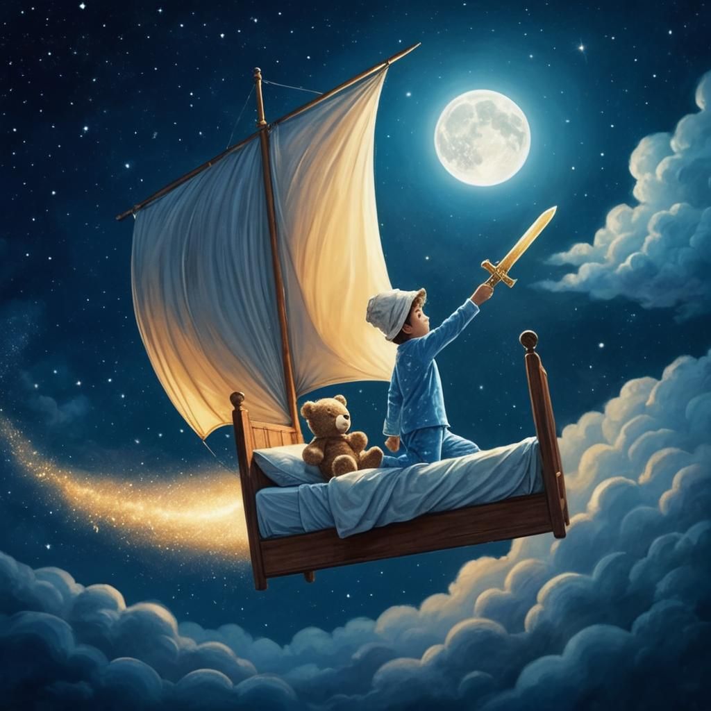Child's Dream: Flying Bed Adventure Illustration
