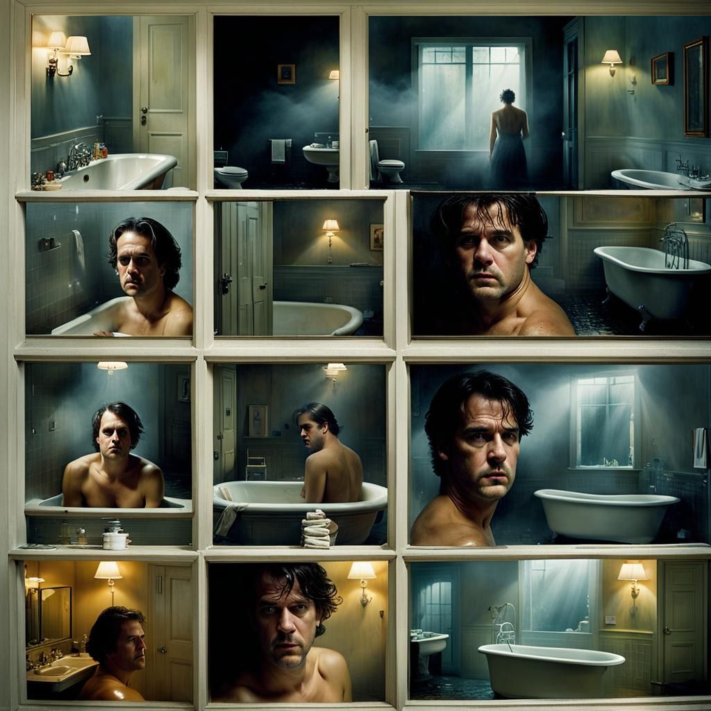 Art by Gregory Crewdson, inspired by 'The Talented Mr. Ripley,' capturing a tense, claustrophobic moment in a dimly lit ...