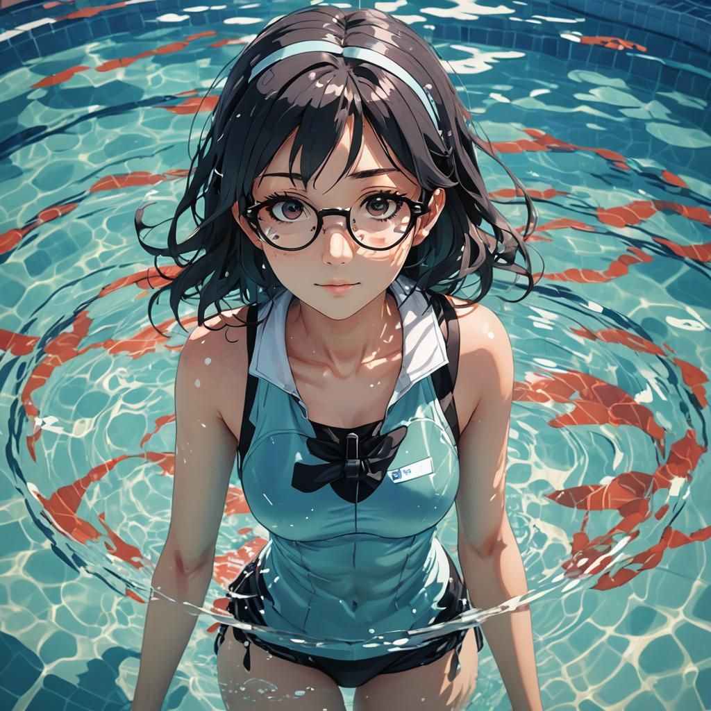 Anime Girl with Glasses in Swimming Pool