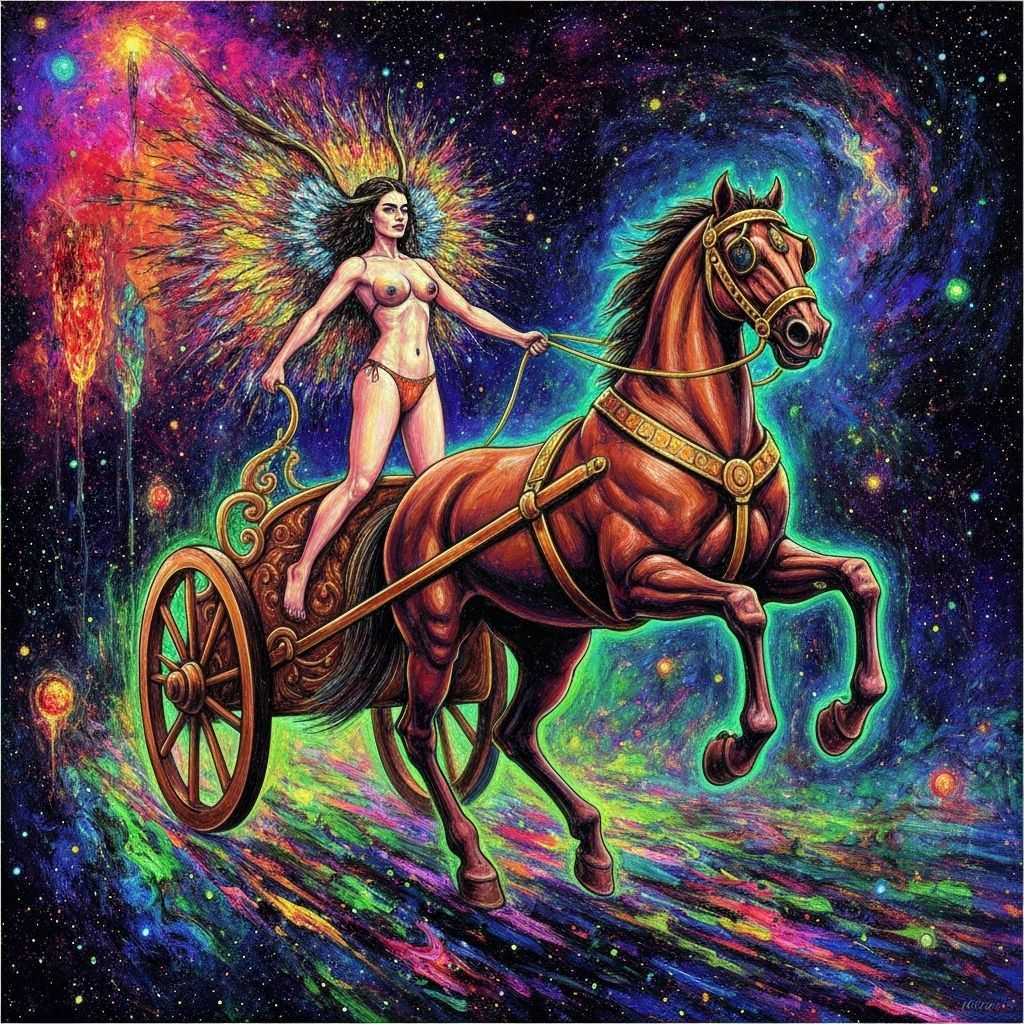 Neon Space Goddess in Horse-Drawn Chariot