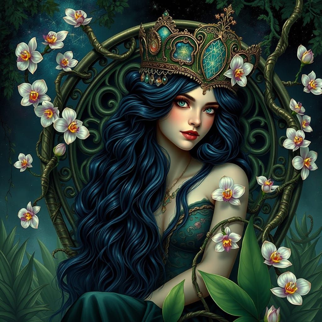 Enchanting Sorceress with Emerald Eyes in Art Nouveau Style