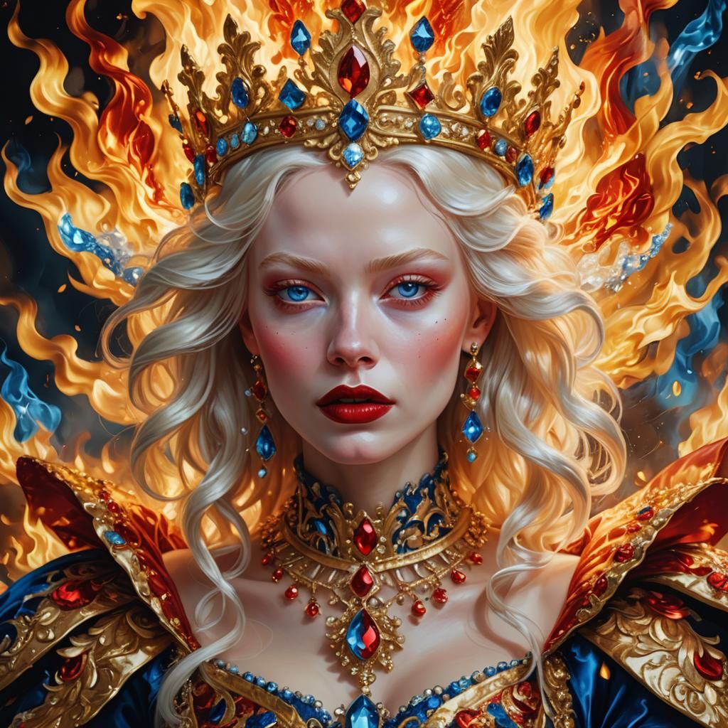 Albino Supermodel with Flame Crown: Digital Art Portrait